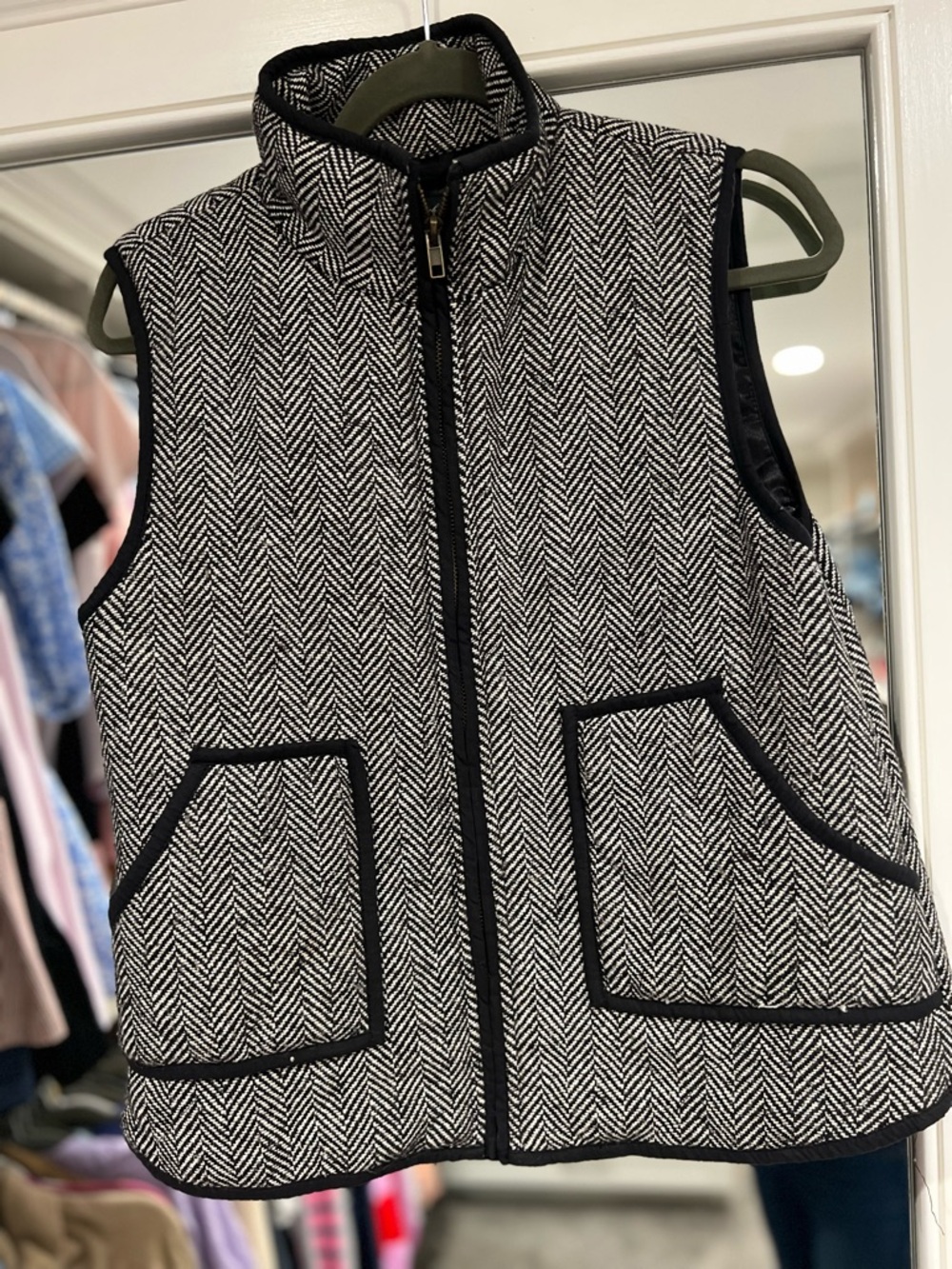 Honey Punch Black & White Herringbone Zip-Up Vest
